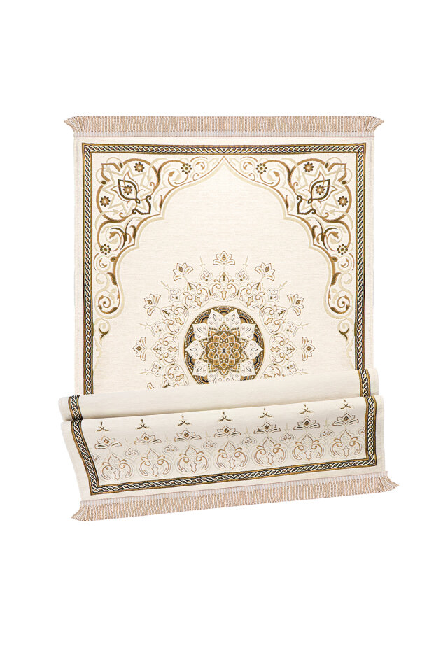Krem Mandala Desen Kabartmalı Özel Dokuma Seccade - 4