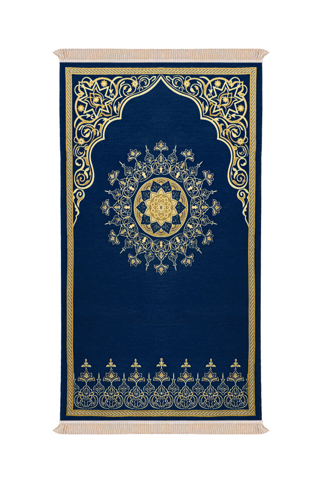 Lacivert Mandala Desen Kabartmalı Özel Dokuma Seccade 