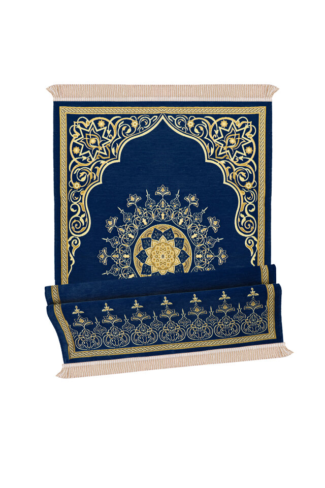 Lacivert Mandala Desen Kabartmalı Özel Dokuma Seccade - 4