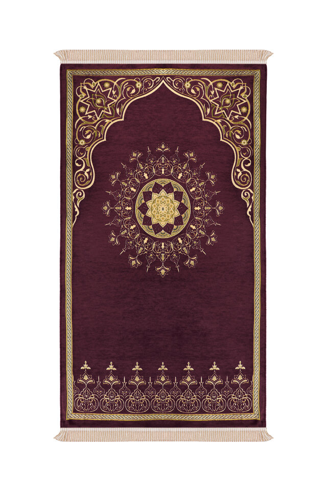 Mürdüm Mandala Desen Kabartmalı Özel Dokuma Seccade 