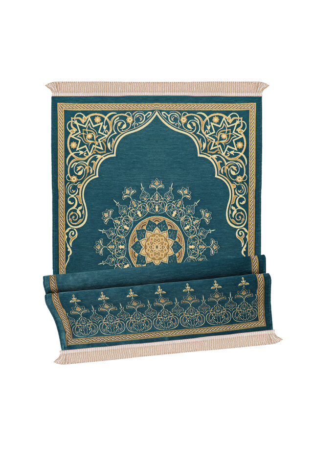 Petrol Mavi Mandala Desen Kabartmalı Özel Dokuma Seccade - 4