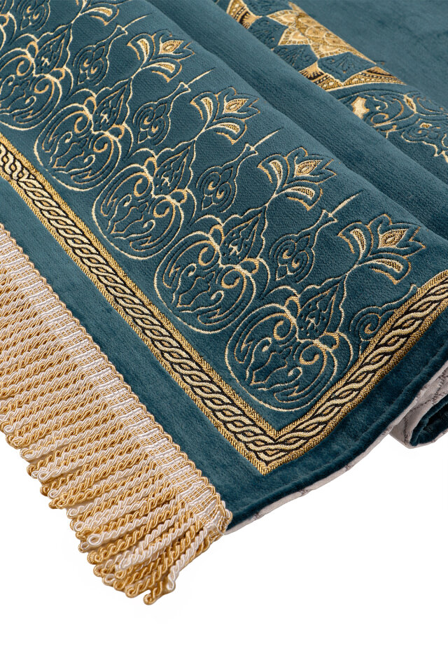 Petrol Mavi Mandala Desen Kabartmalı Özel Dokuma Seccade - 3