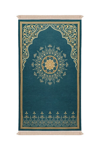 Petrol Mavi Mandala Desen Kabartmalı Özel Dokuma Seccade 