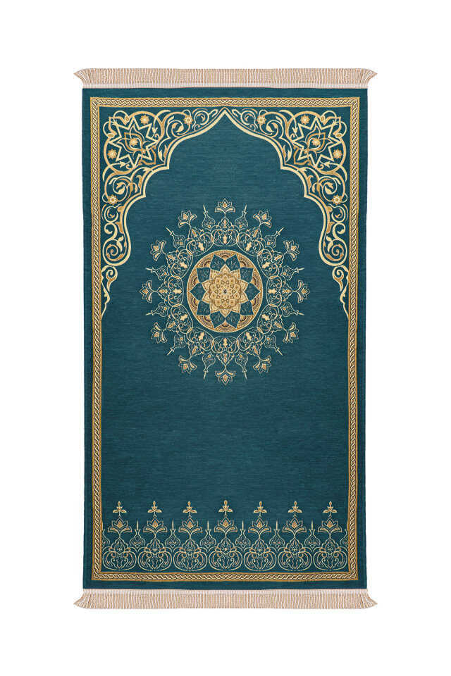 Petrol Mavi Mandala Desen Kabartmalı Özel Dokuma Seccade 