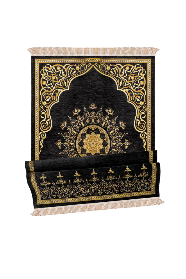 Siyah Mandala Desen Kabartmalı Özel Dokuma Seccade - 4