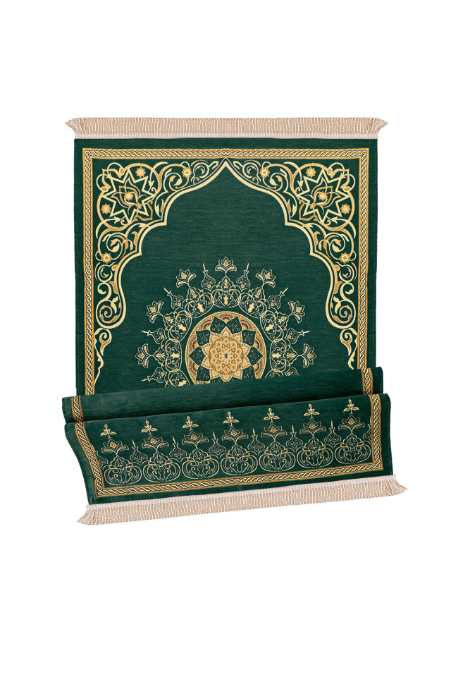 Yeşil Mandala Desen Kabartmalı Özel Dokuma Seccade - 4