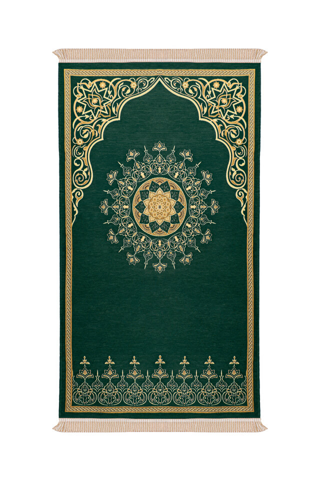 Yeşil Mandala Desen Kabartmalı Özel Dokuma Seccade - 1