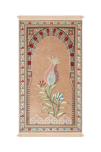 Bej Mihrap Lale Desen Kabartmalı Özel Dokuma Seccade 