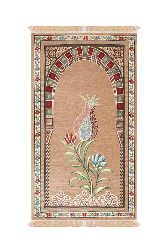 Bej Mihrap Lale Desen Kabartmalı Özel Dokuma Seccade - Bursa İpek