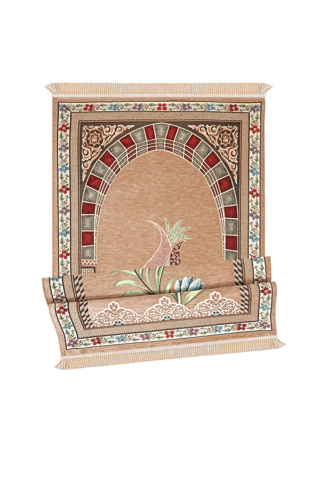 Bej Mihrap Lale Desen Kabartmalı Özel Dokuma Seccade - 4