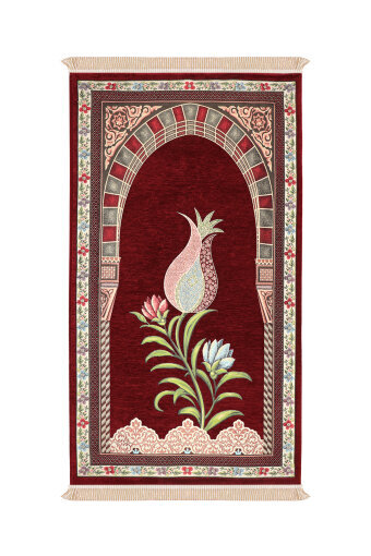 Bordo Mihrap Lale Desen Kabartmalı Özel Dokuma Seccade 