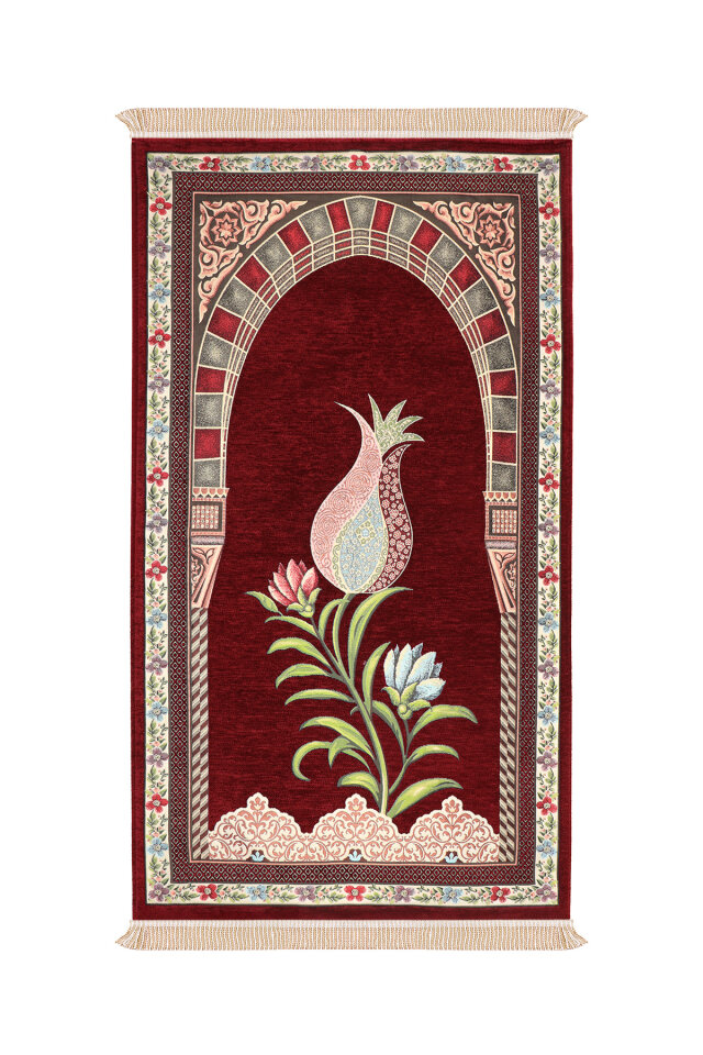 Bordo Mihrap Lale Desen Kabartmalı Özel Dokuma Seccade - Bursa İpek