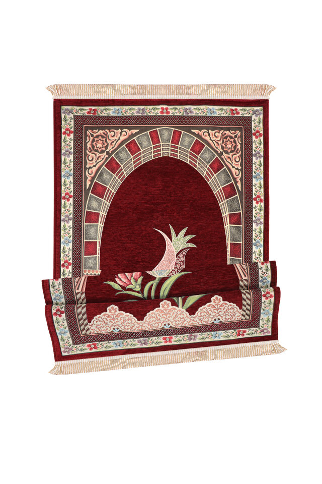 Bordo Mihrap Lale Desen Kabartmalı Özel Dokuma Seccade - 4