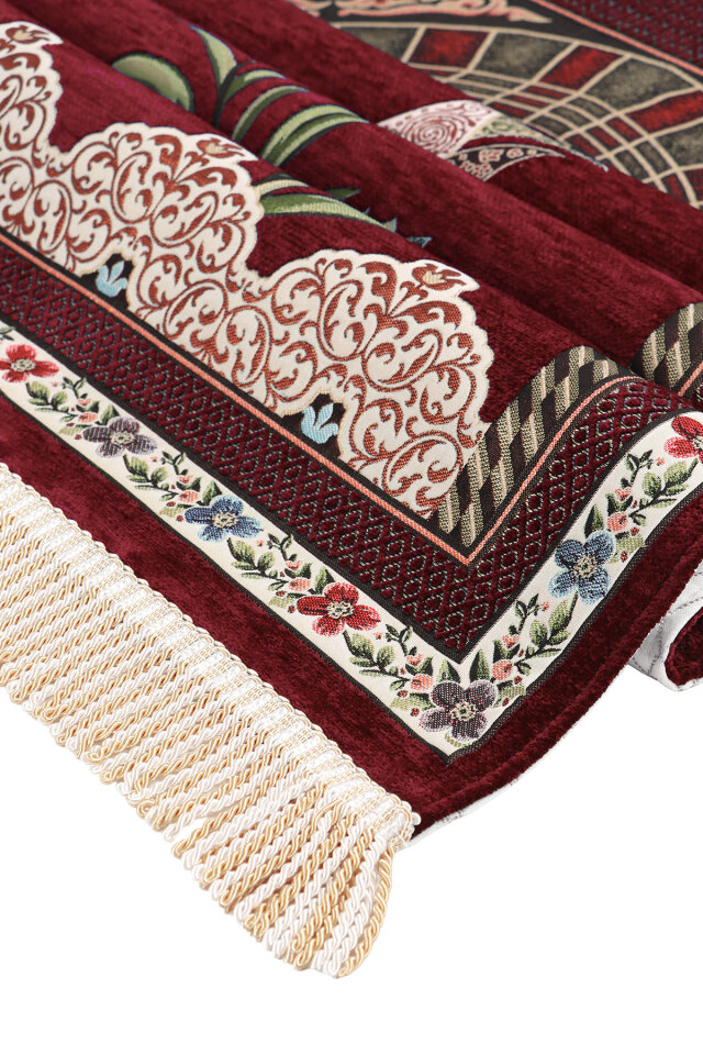 Bordo Mihrap Lale Desen Kabartmalı Özel Dokuma Seccade - 3