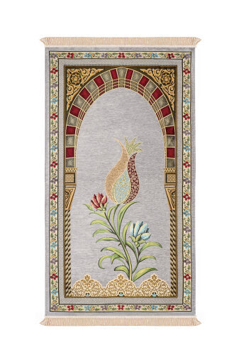 Gri Mihrap Lale Desen Kabartmalı Özel Dokuma Seccade 