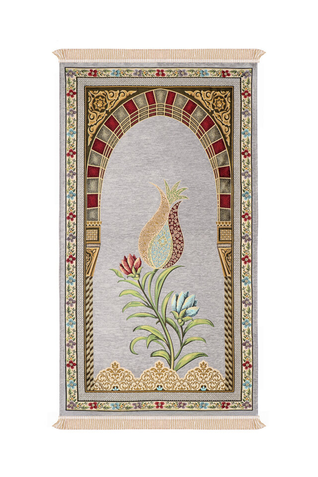 Gri Mihrap Lale Desen Kabartmalı Özel Dokuma Seccade - Bursa İpek