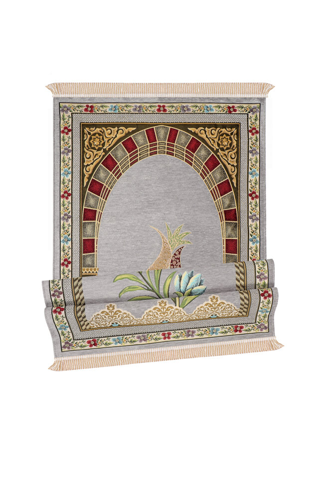 Gri Mihrap Lale Desen Kabartmalı Özel Dokuma Seccade - 4