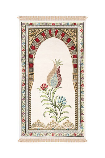 Krem Mihrap Lale Desen Kabartmalı Özel Dokuma Seccade 