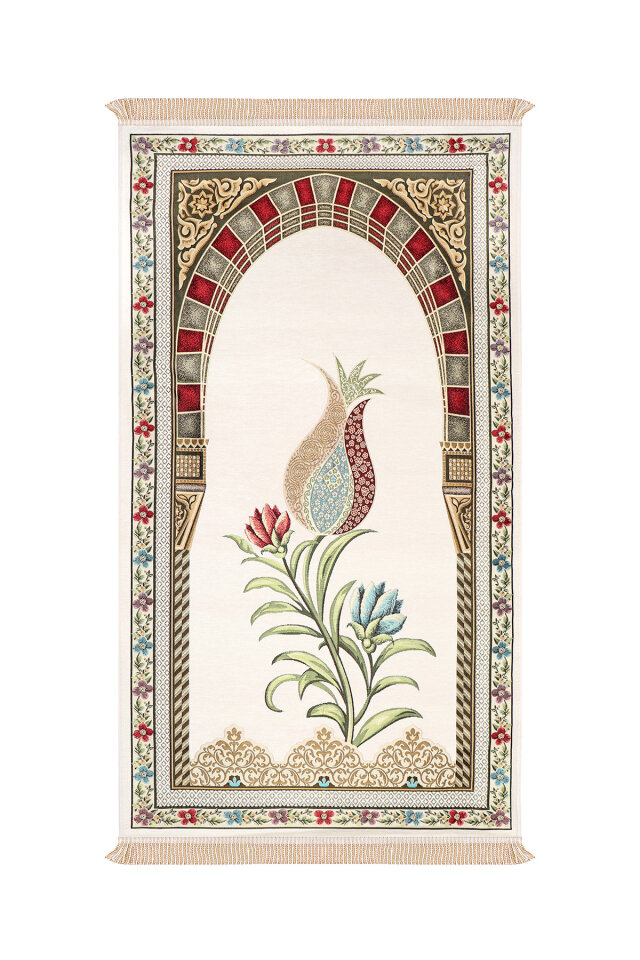 Krem Mihrap Lale Desen Kabartmalı Özel Dokuma Seccade 