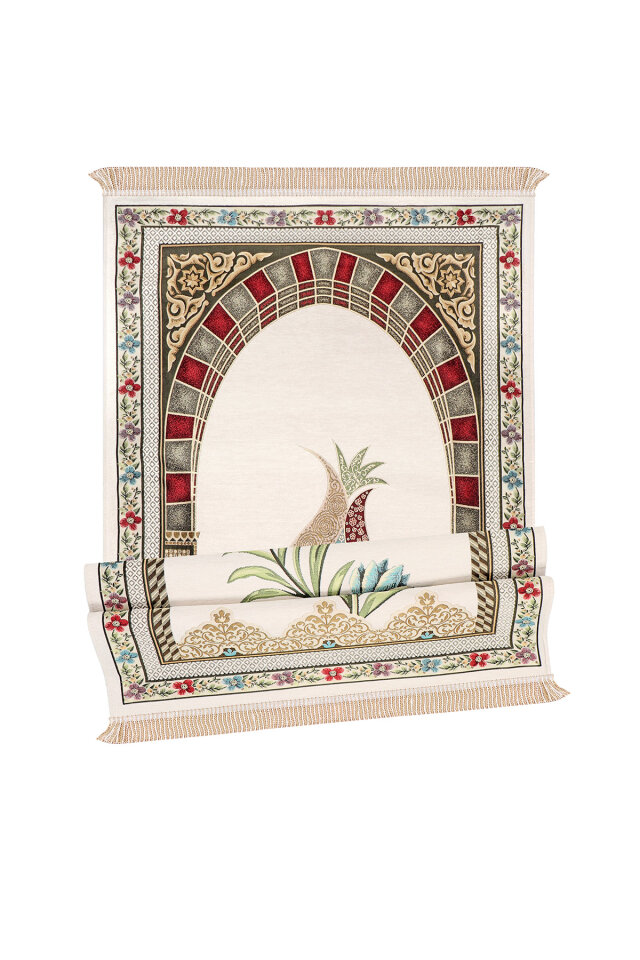 Krem Mihrap Lale Desen Kabartmalı Özel Dokuma Seccade - 4