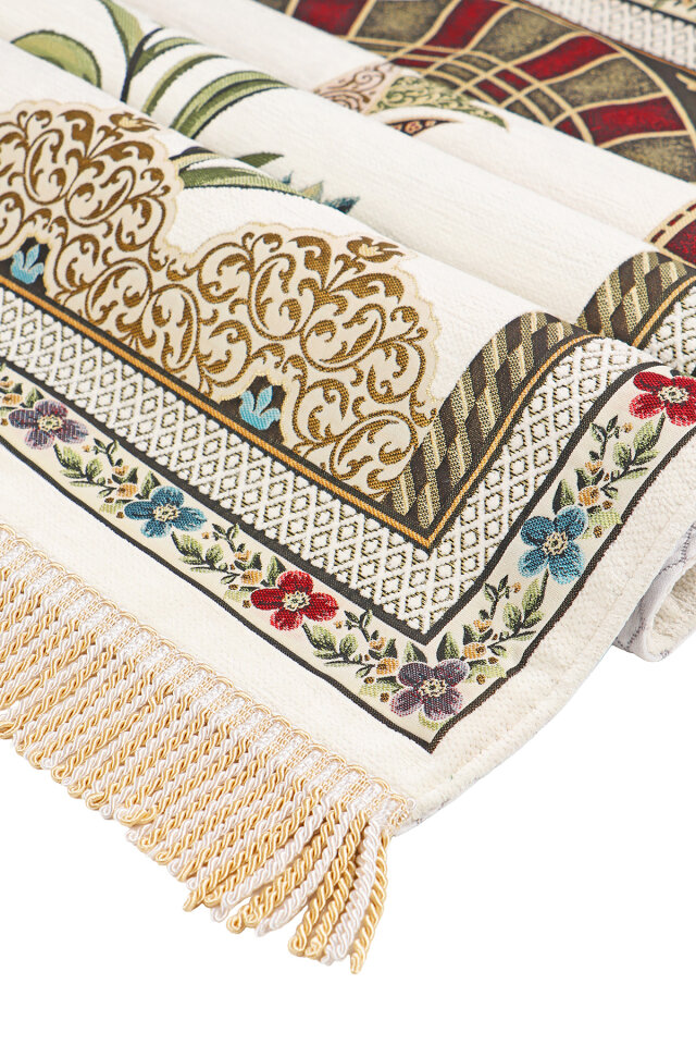 Krem Mihrap Lale Desen Kabartmalı Özel Dokuma Seccade - 3