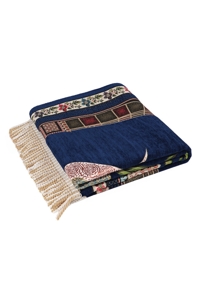 Lacivert Mihrap Lale Desen Kabartmalı Özel Dokuma Seccade - 5