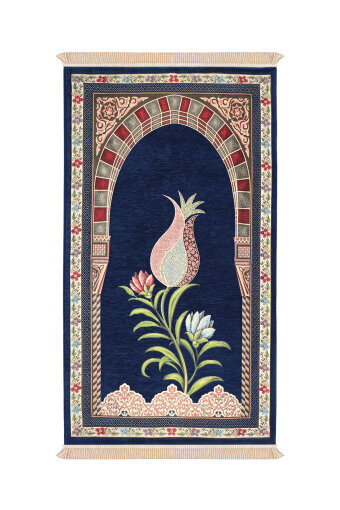 Lacivert Mihrap Lale Desen Kabartmalı Özel Dokuma Seccade 