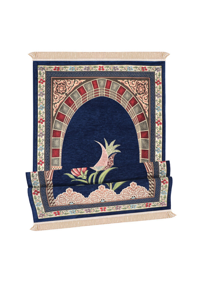 Lacivert Mihrap Lale Desen Kabartmalı Özel Dokuma Seccade - 4