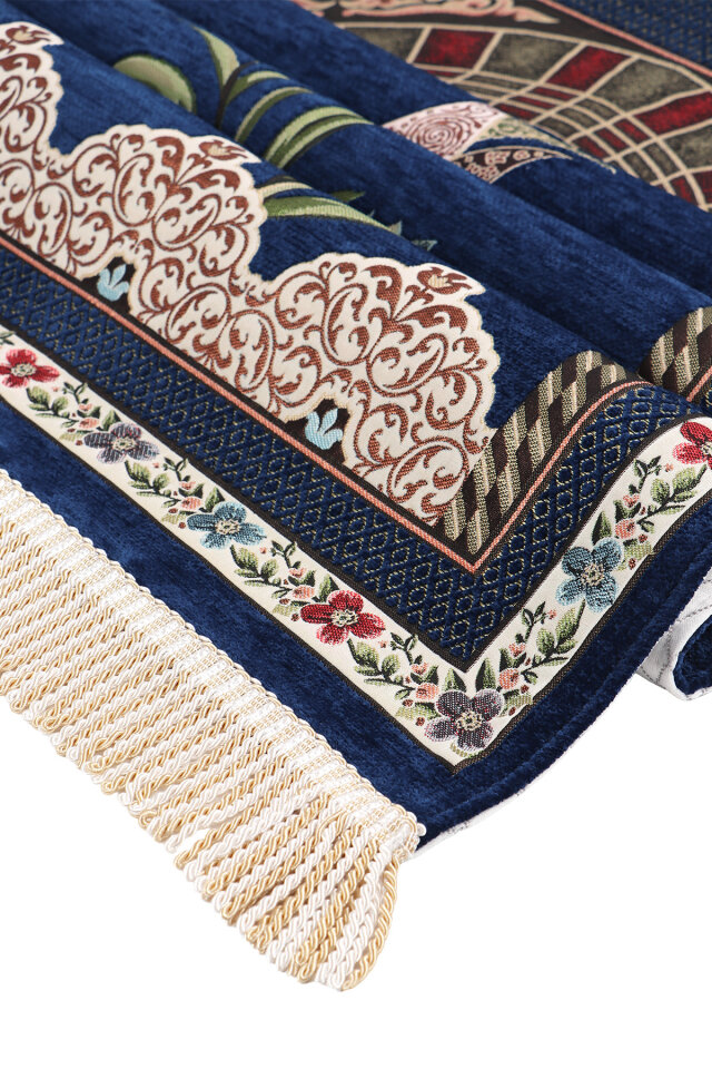 Lacivert Mihrap Lale Desen Kabartmalı Özel Dokuma Seccade - 3