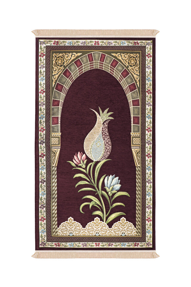 Mürdüm Mihrap Lale Desen Kabartmalı Özel Dokuma Seccade - Bursa İpek