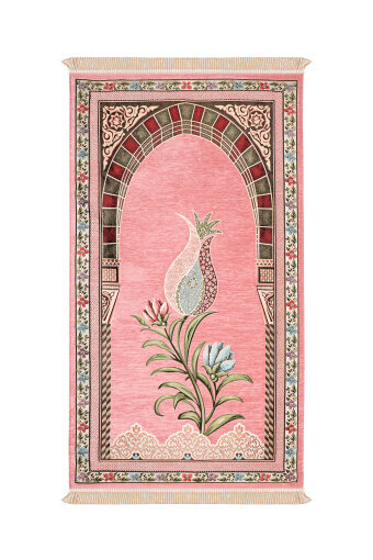 Pembe Mihrap Lale Desen Kabartmalı Özel Dokuma Seccade 