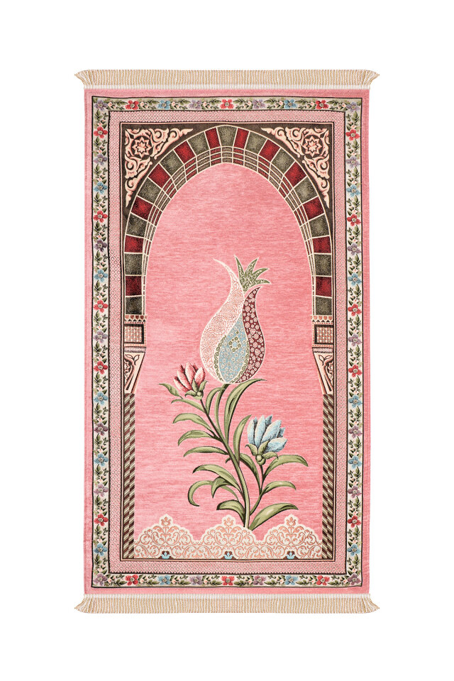 Pembe Mihrap Lale Desen Kabartmalı Özel Dokuma Seccade - Bursa İpek