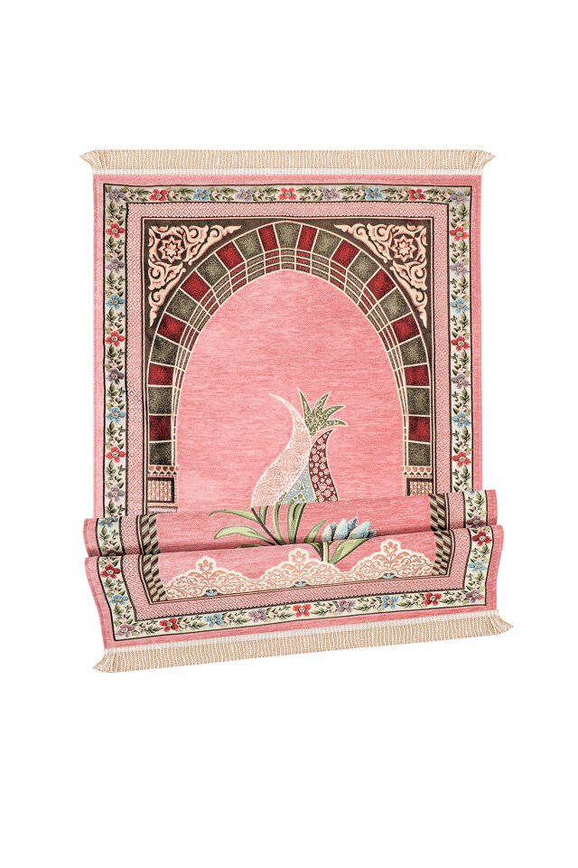 Pembe Mihrap Lale Desen Kabartmalı Özel Dokuma Seccade - 4