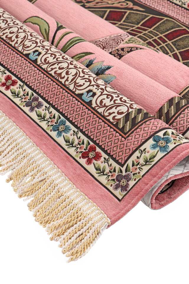 Pembe Mihrap Lale Desen Kabartmalı Özel Dokuma Seccade - 3