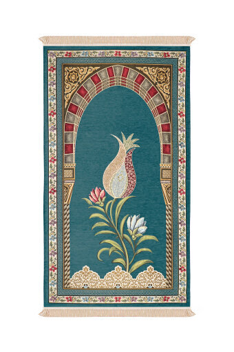 Petrol Mavi Mihrap Lale Desen Kabartmalı Özel Dokuma Seccade 