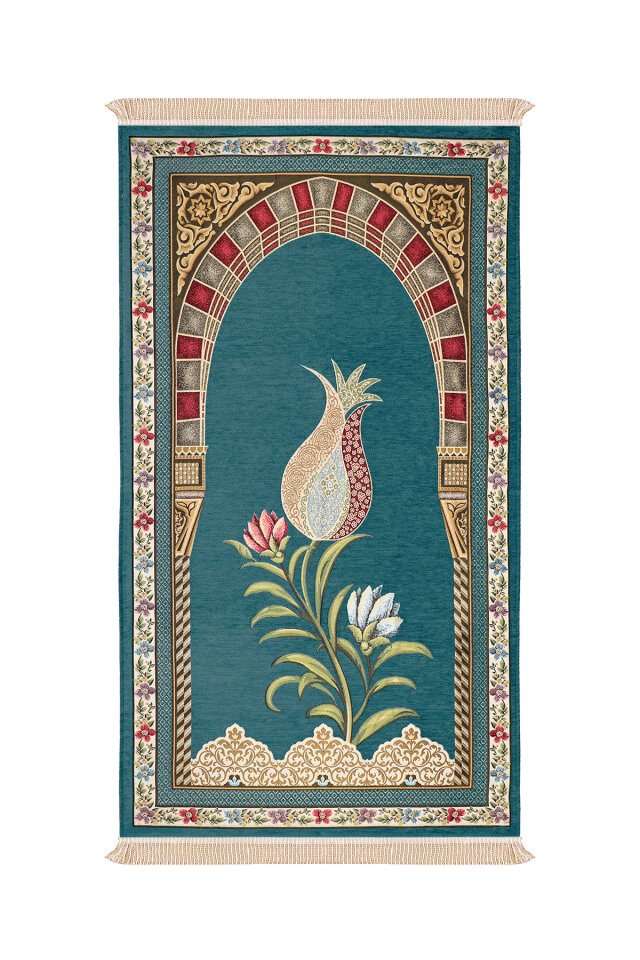 Petrol Mavi Mihrap Lale Desen Kabartmalı Özel Dokuma Seccade 