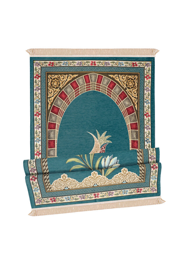 Petrol Mavi Mihrap Lale Desen Kabartmalı Özel Dokuma Seccade - 4