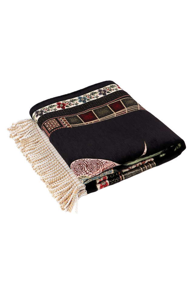 Siyah Mihrap Lale Desen Kabartmalı Özel Dokuma Seccade - 5