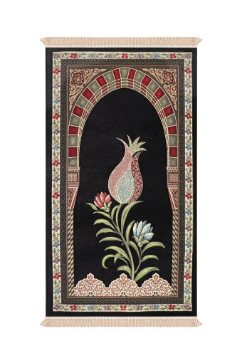 Siyah Mihrap Lale Desen Kabartmalı Özel Dokuma Seccade 