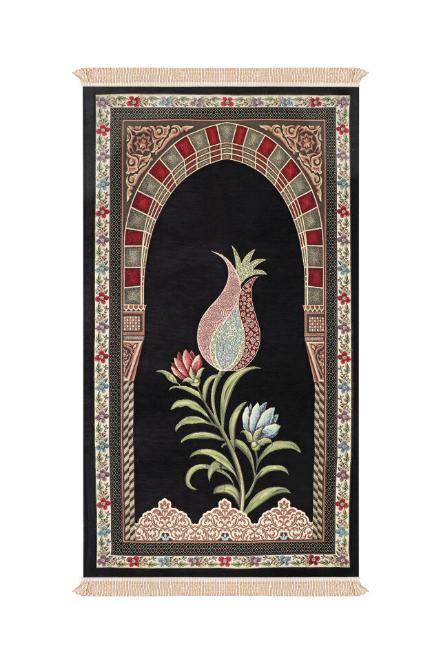 Siyah Mihrap Lale Desen Kabartmalı Özel Dokuma Seccade 