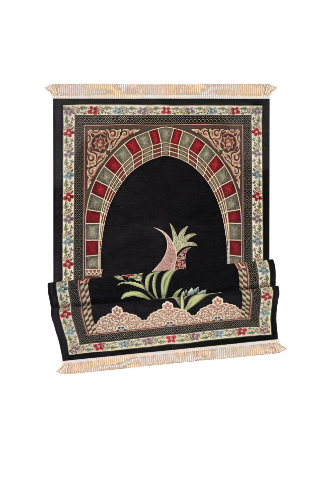 Siyah Mihrap Lale Desen Kabartmalı Özel Dokuma Seccade - 4