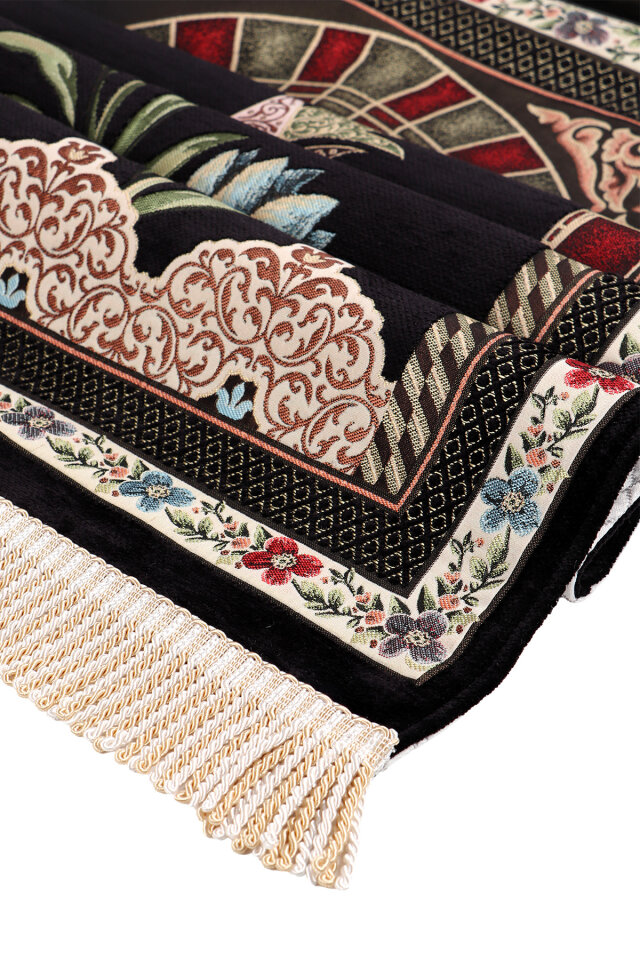 Siyah Mihrap Lale Desen Kabartmalı Özel Dokuma Seccade - 3