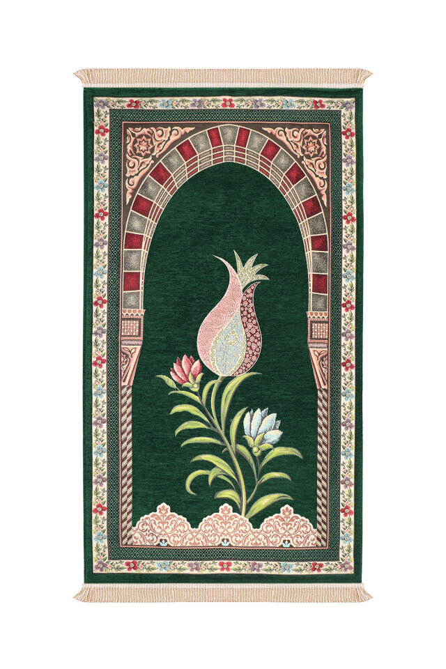 Zümrüt Mihrap Lale Desen Kabartmalı Özel Dokuma Seccade - Bursa İpek