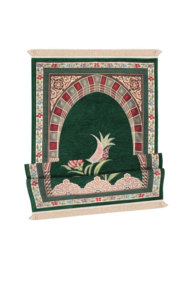 Zümrüt Mihrap Lale Desen Kabartmalı Özel Dokuma Seccade - 4