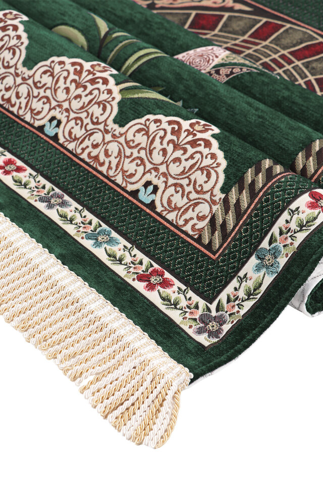 Zümrüt Mihrap Lale Desen Kabartmalı Özel Dokuma Seccade - 3