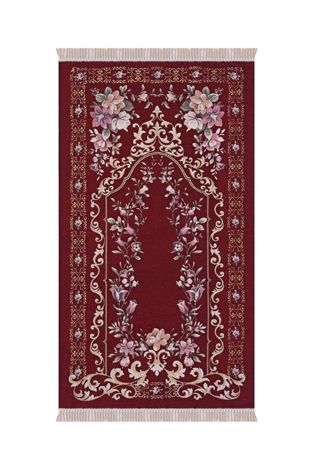Bordo Gülbahçe Desen Kabartmalı Özel Dokuma Seccade - Bursa İpek