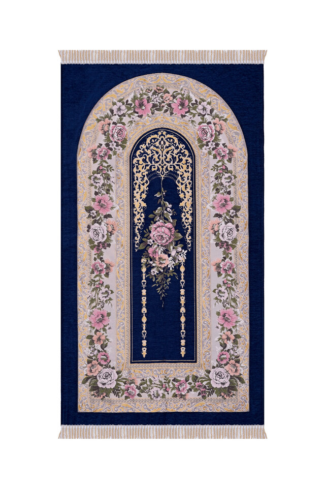 Lacivert Mihrap Desen Kabartmalı Özel Dokuma Seccade 