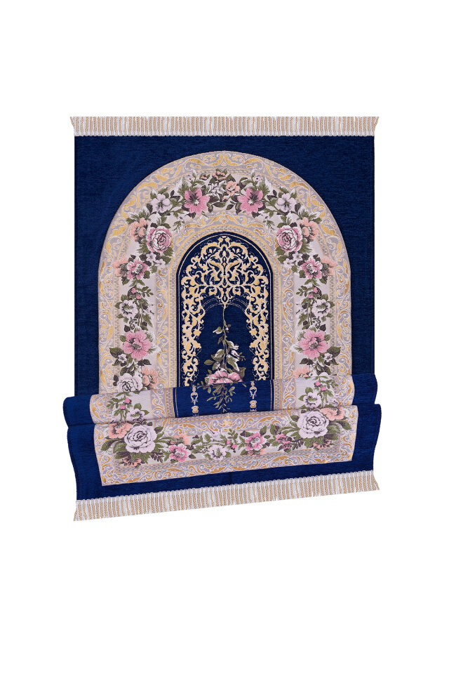 Lacivert Mihrap Desen Kabartmalı Özel Dokuma Seccade - 4
