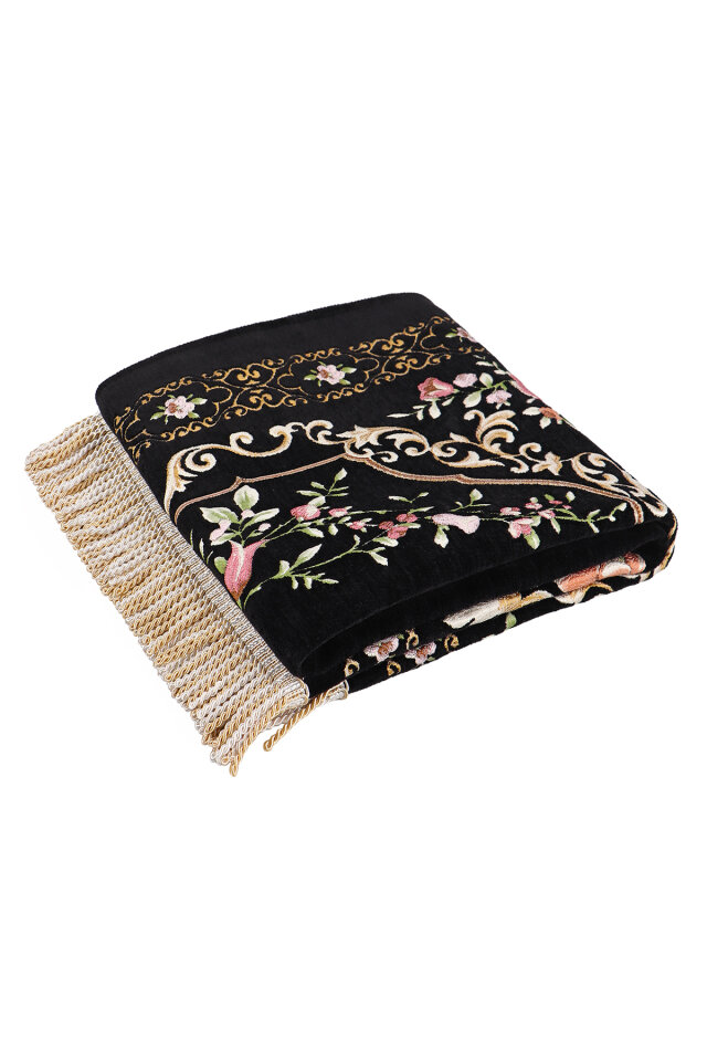 Siyah Gülbahçe Desen Kabartmalı Özel Dokuma Seccade - 5
