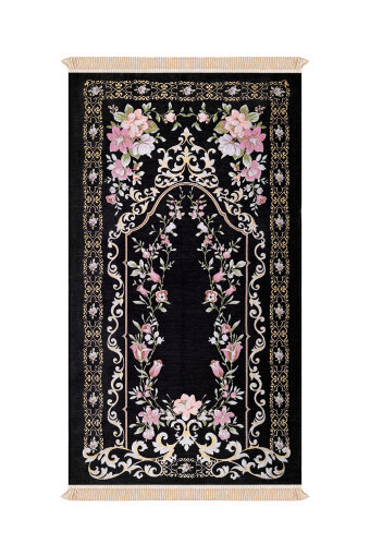 Siyah Gülbahçe Desen Kabartmalı Özel Dokuma Seccade 